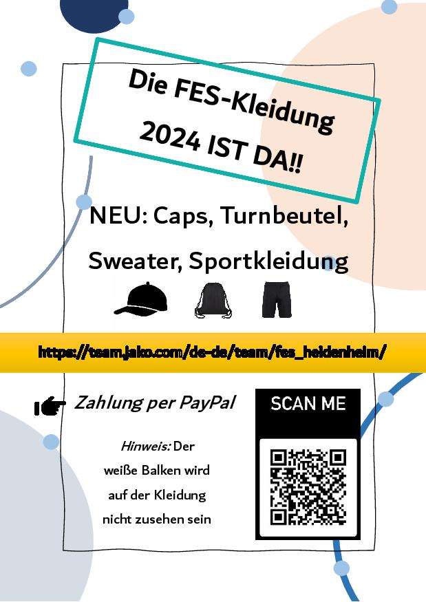 Flyer zur Ankündigung der neuen FES-Schulkleidung mit dem Logo.